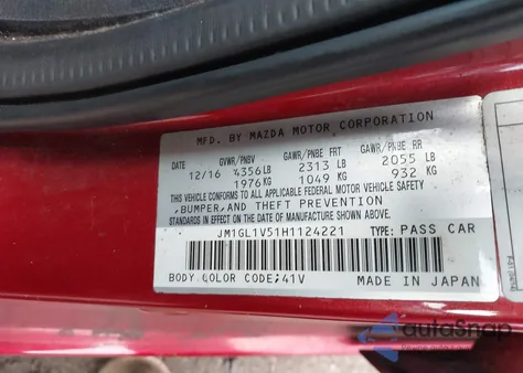 2017 Mazda Mazda6 Touring from USA, damaged, VIN JM1GL1V51H1124221